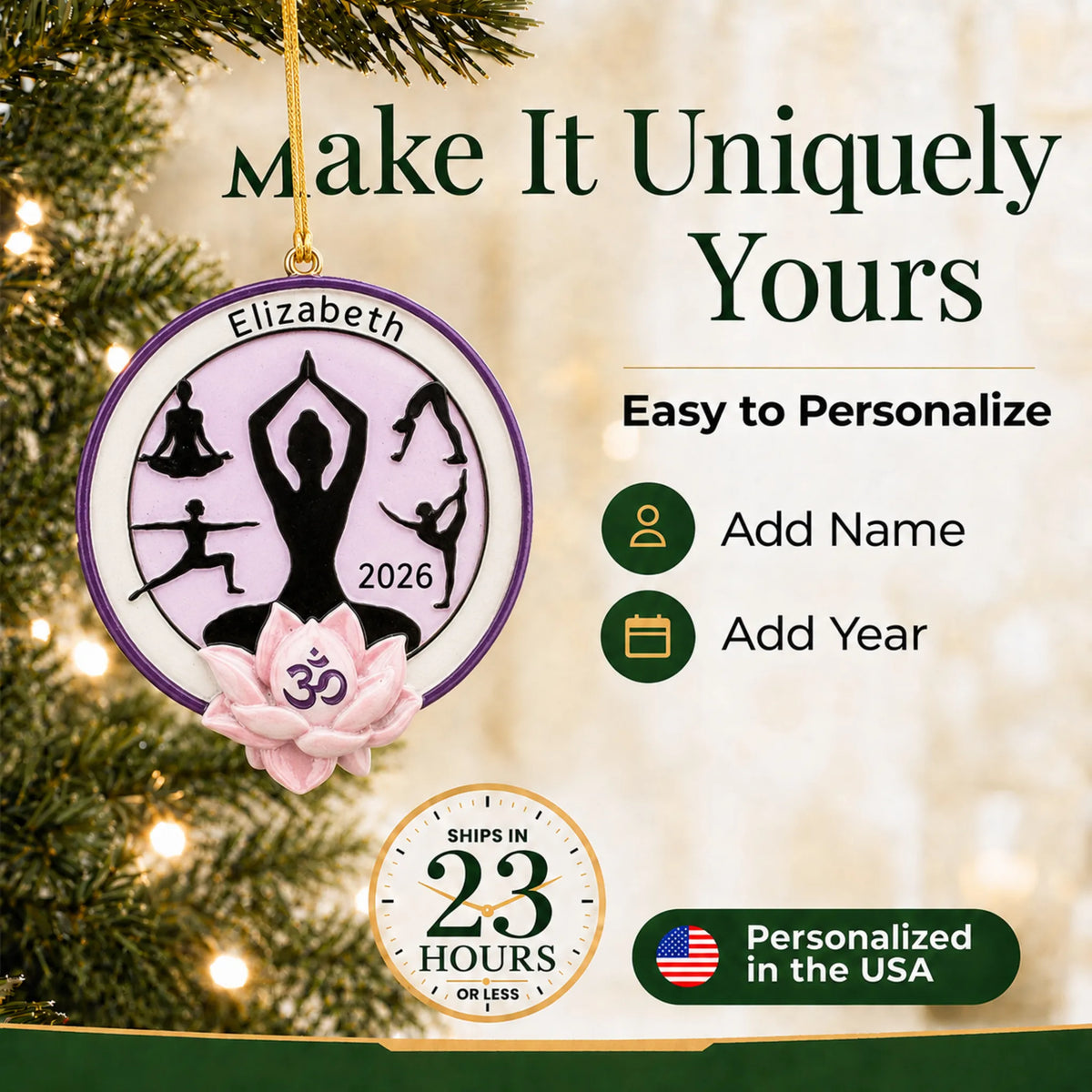 Make it yours: add name and year to the personalized yoga pose christmas ornament