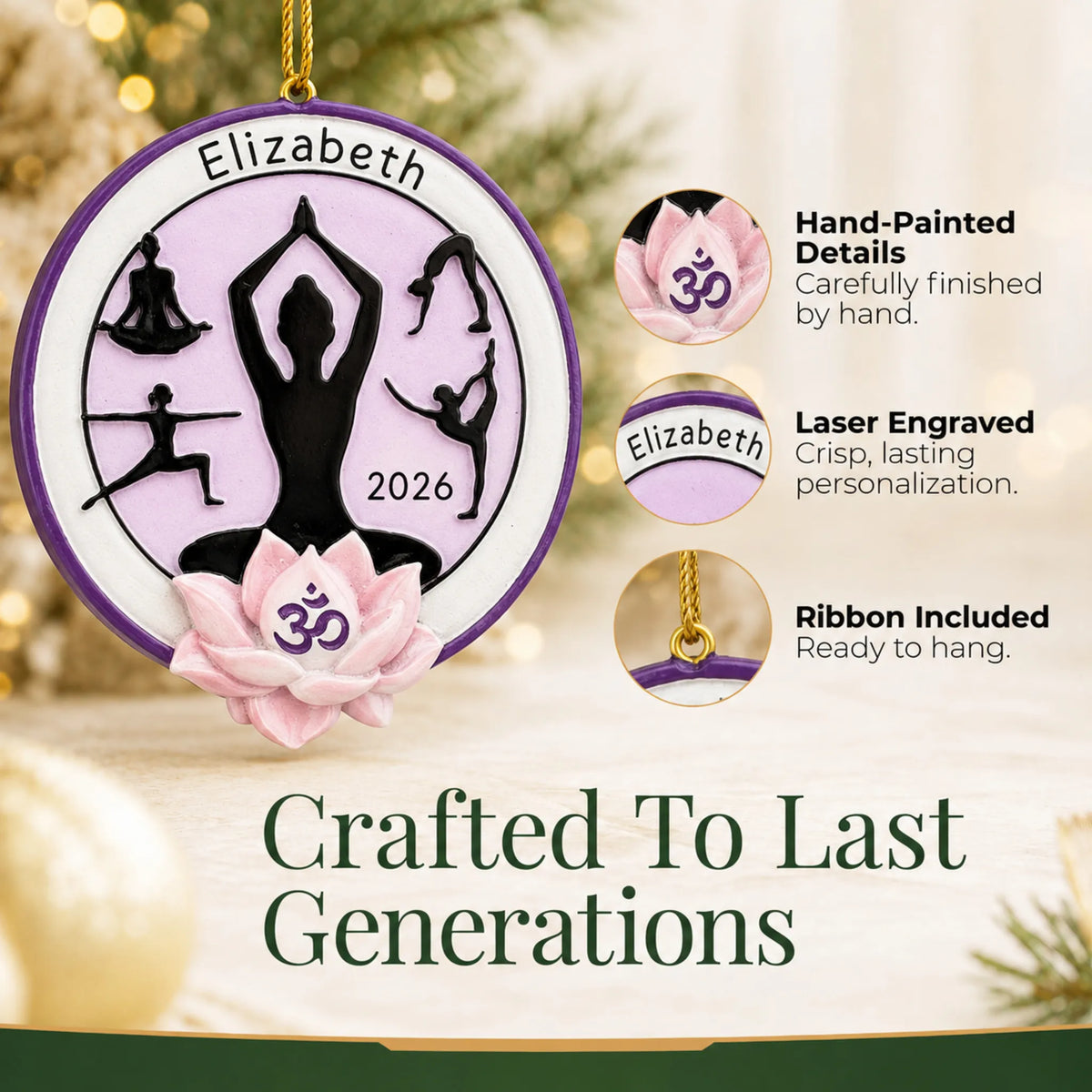 Hand-painted details and laser engraved personalization on the yoga pose christmas ornament, ribbon included