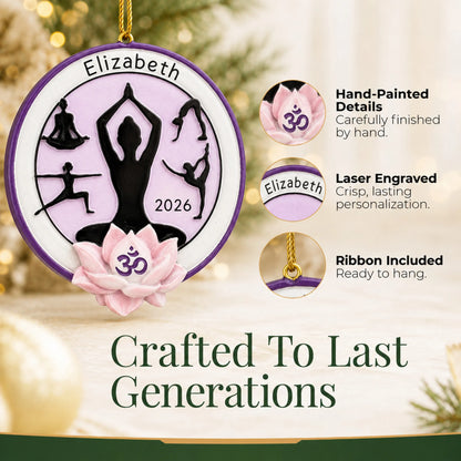 Hand-painted details and laser engraved personalization on the yoga pose christmas ornament, ribbon included