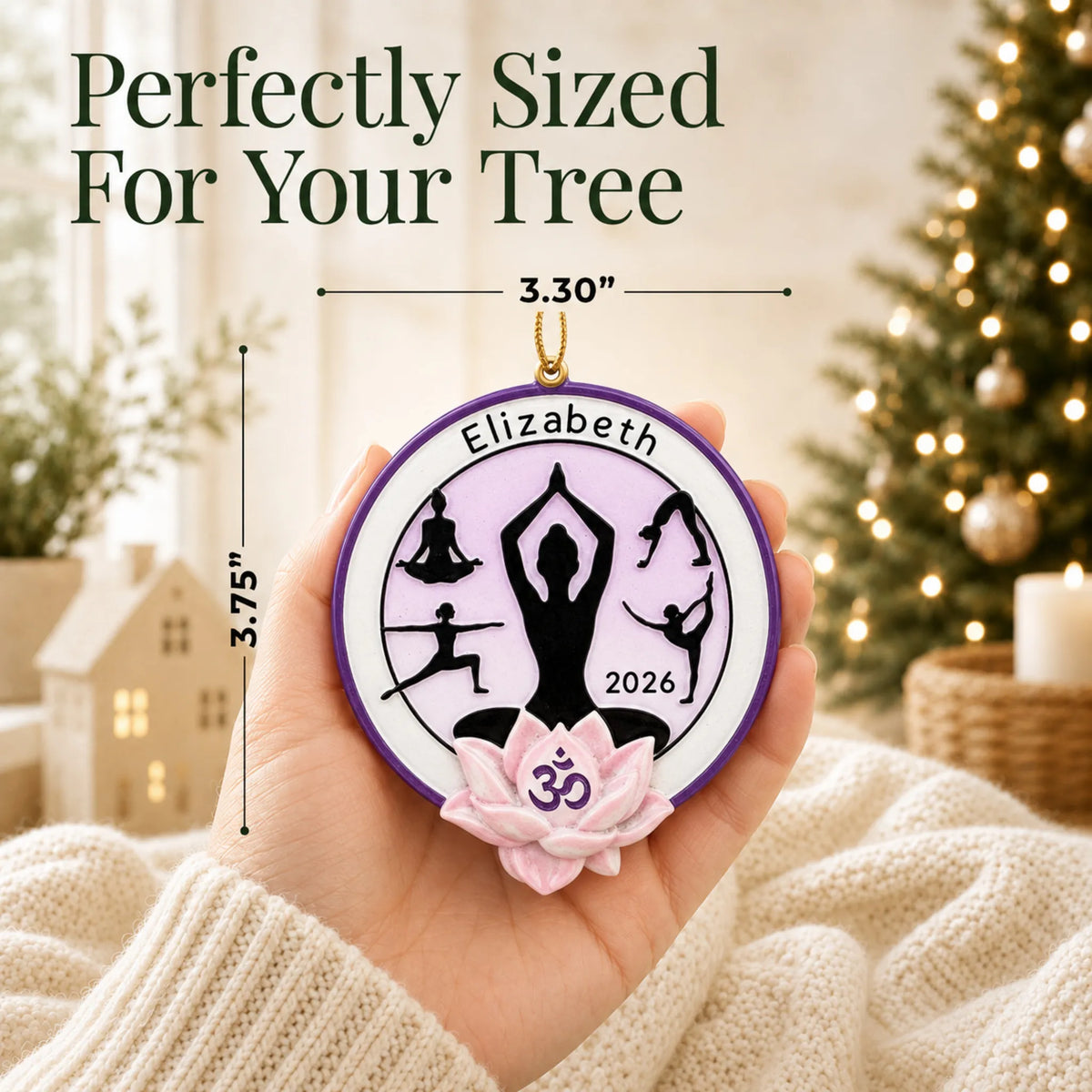 Size guide: the personalized yoga pose christmas ornament is 3.30 in wide by 3.75 in tall, shown in hand