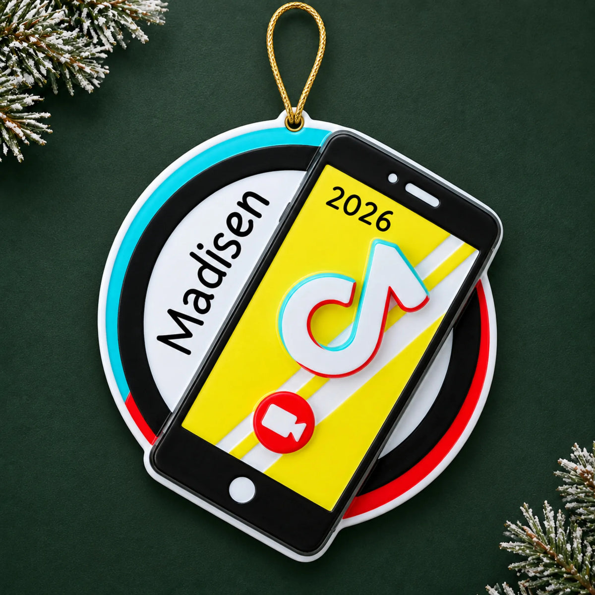 Personalized viral video star christmas ornament on a dark green pine background