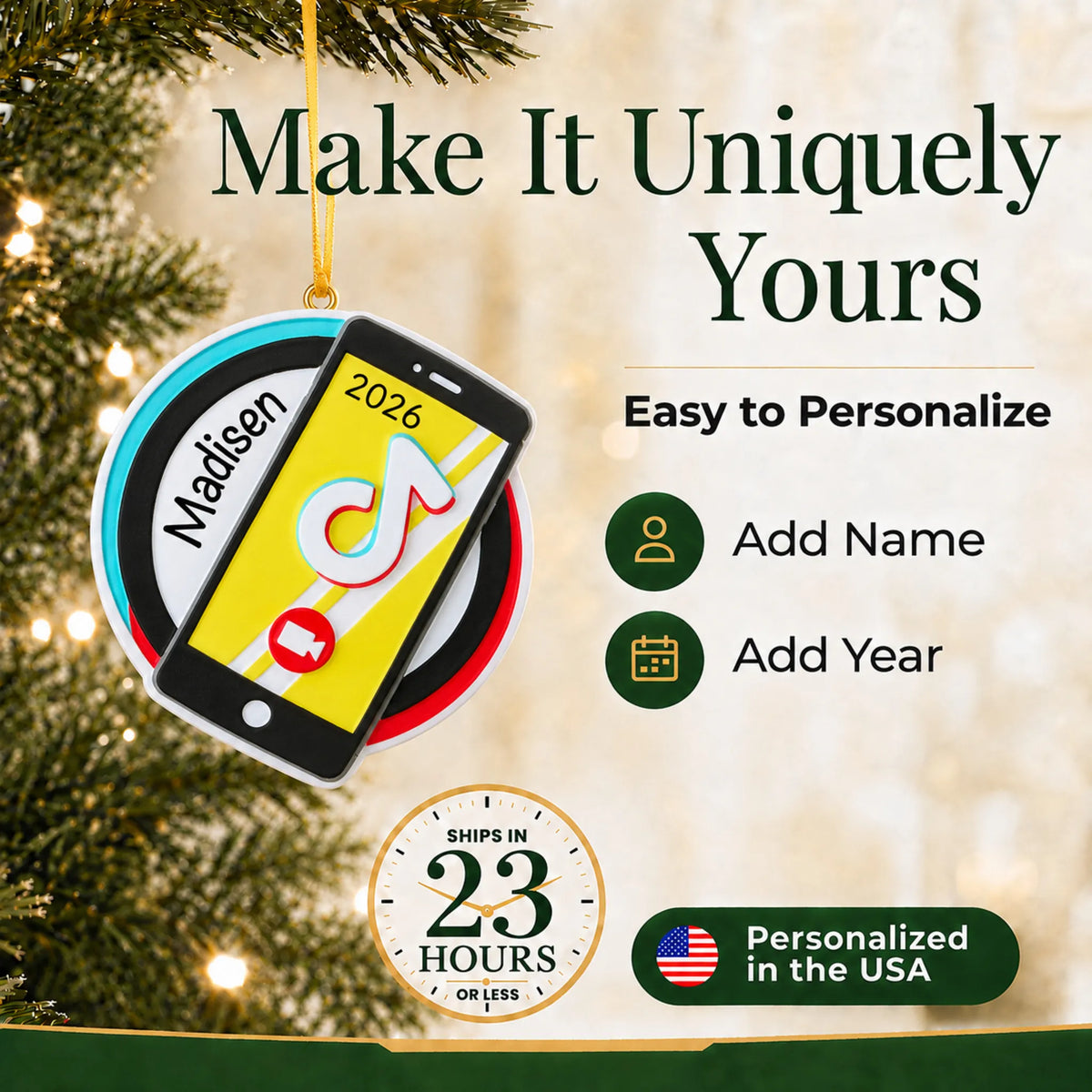Make it yours: add name and year to the personalized viral video star christmas ornament