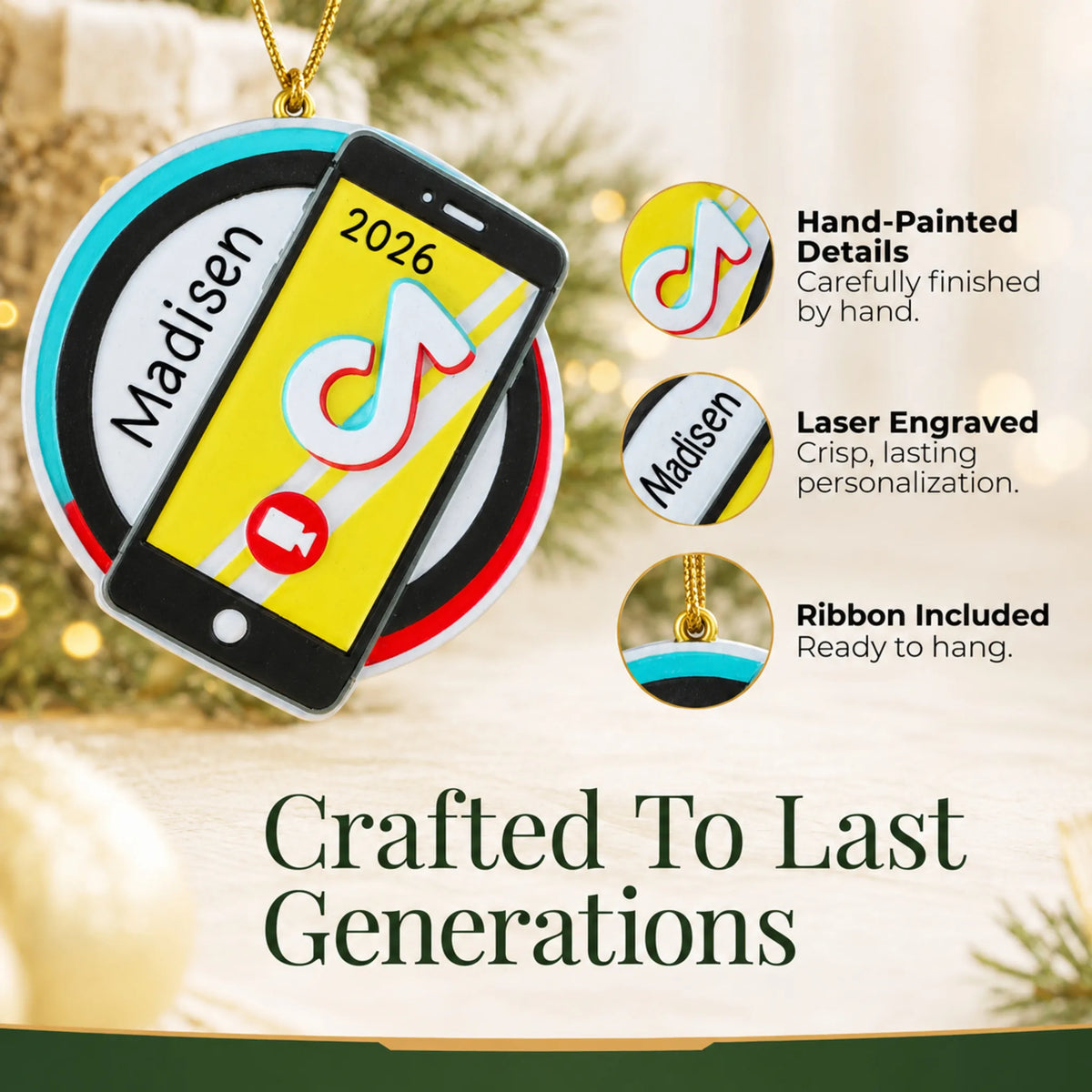 Hand-painted details and laser engraved personalization on the viral video star christmas ornament, ribbon included