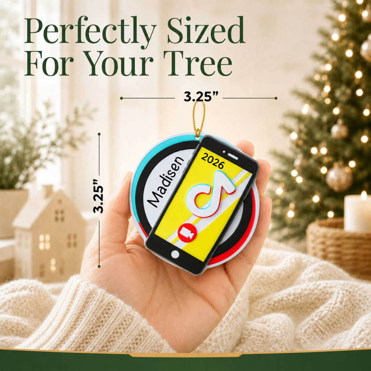 Size guide: the personalized viral video star christmas ornament is 3.25 in wide by 3.25 in tall, shown in hand