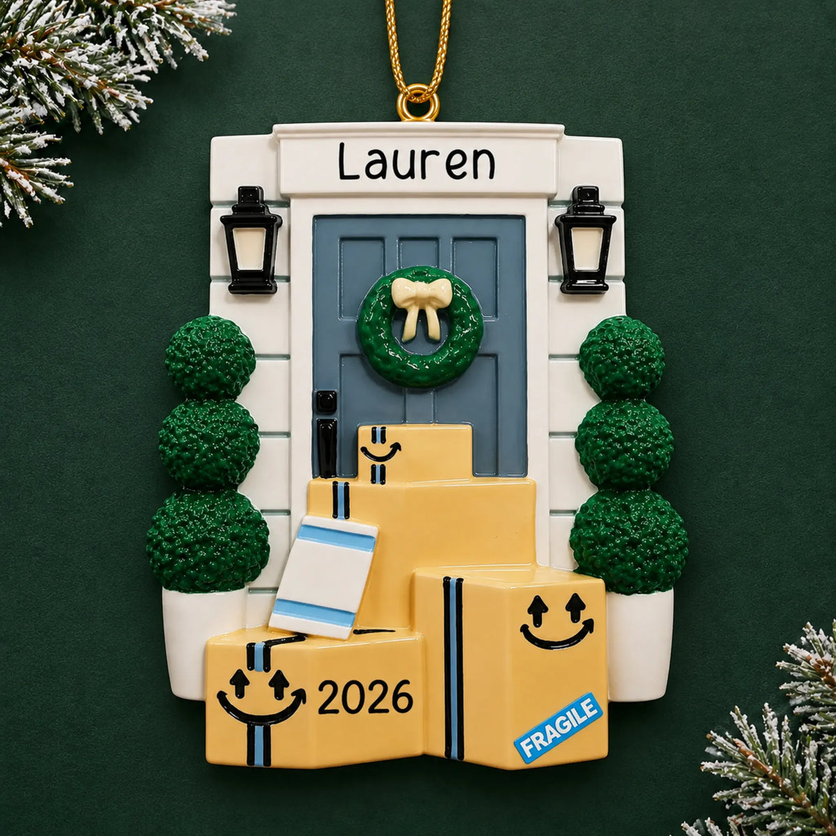 Personalized online shopping delivery christmas ornament on a dark green pine background