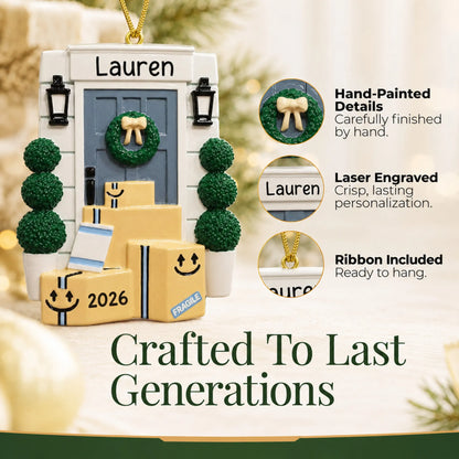 Hand-painted details and laser engraved personalization on the online shopping delivery christmas ornament, ribbon included