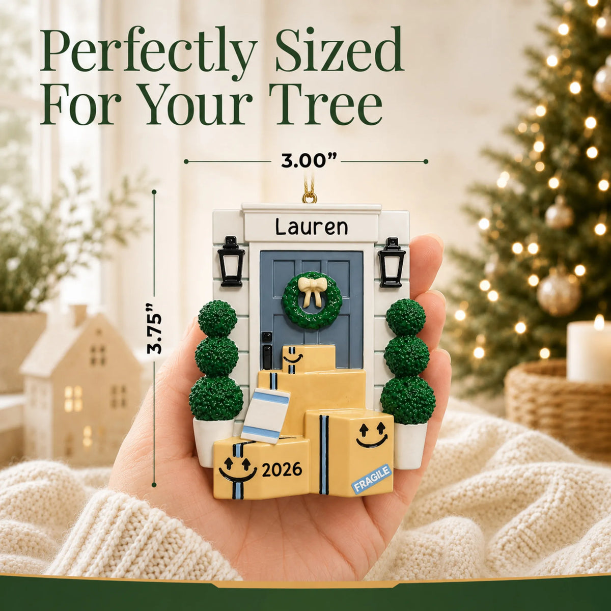 Size guide: the personalized online shopping delivery christmas ornament is 3.00 in wide by 3.75 in tall, shown in hand
