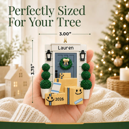 Size guide: the personalized online shopping delivery christmas ornament is 3.00 in wide by 3.75 in tall, shown in hand