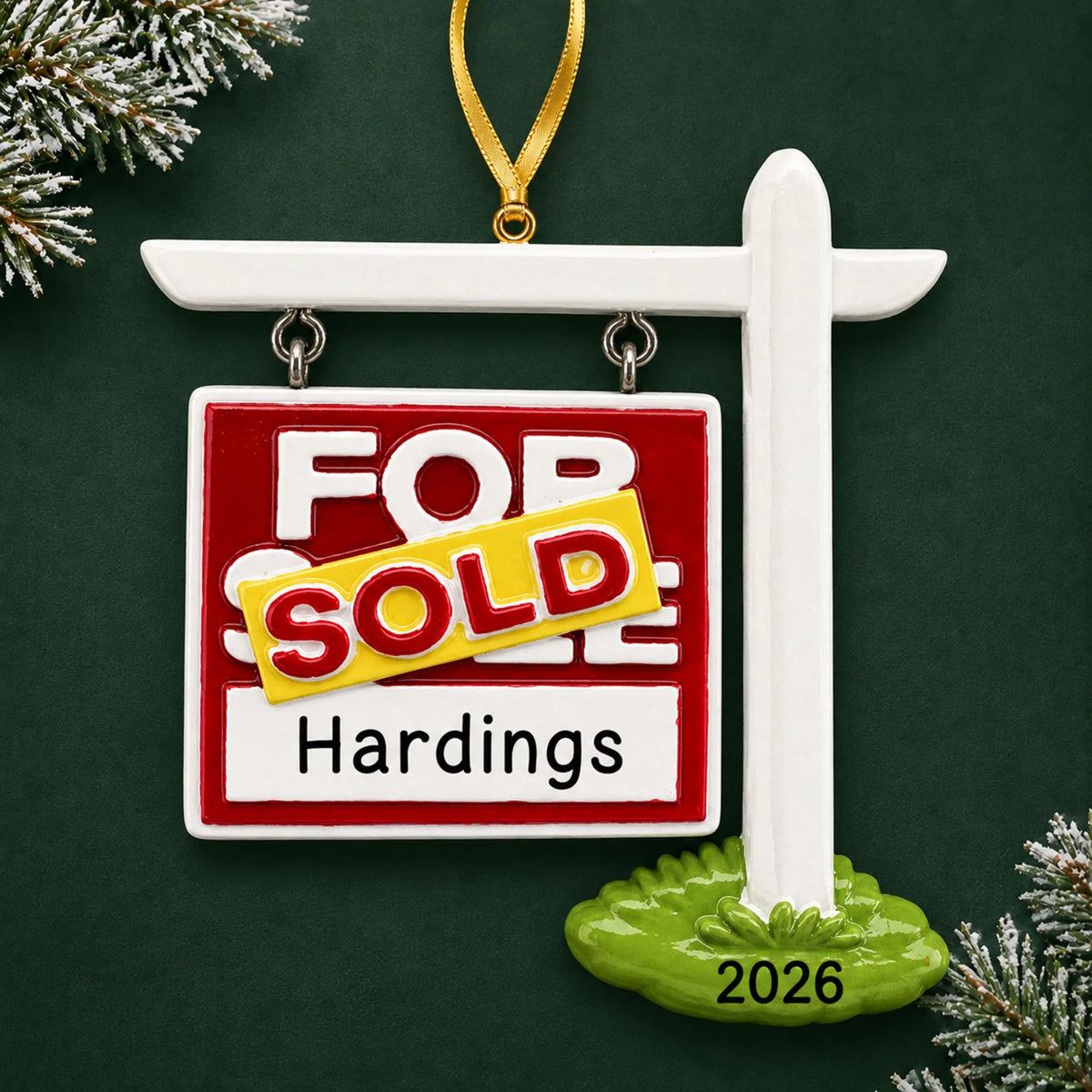 Personalized For Sale Sold New Home christmas ornament on a dark green pine background