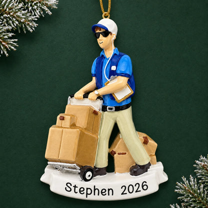 Personalized Amazon delivery guy christmas ornament on a dark green pine background