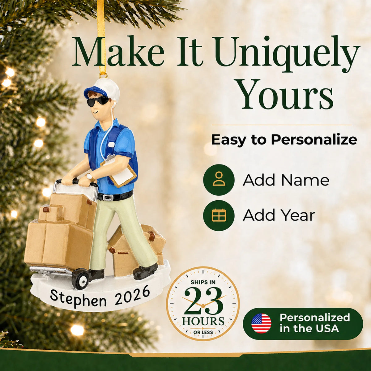 Make it yours: add name and year to the personalized Amazon delivery guy christmas ornament