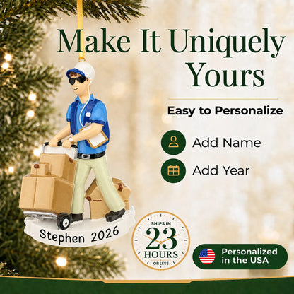 Make it yours: add name and year to the personalized Amazon delivery guy christmas ornament