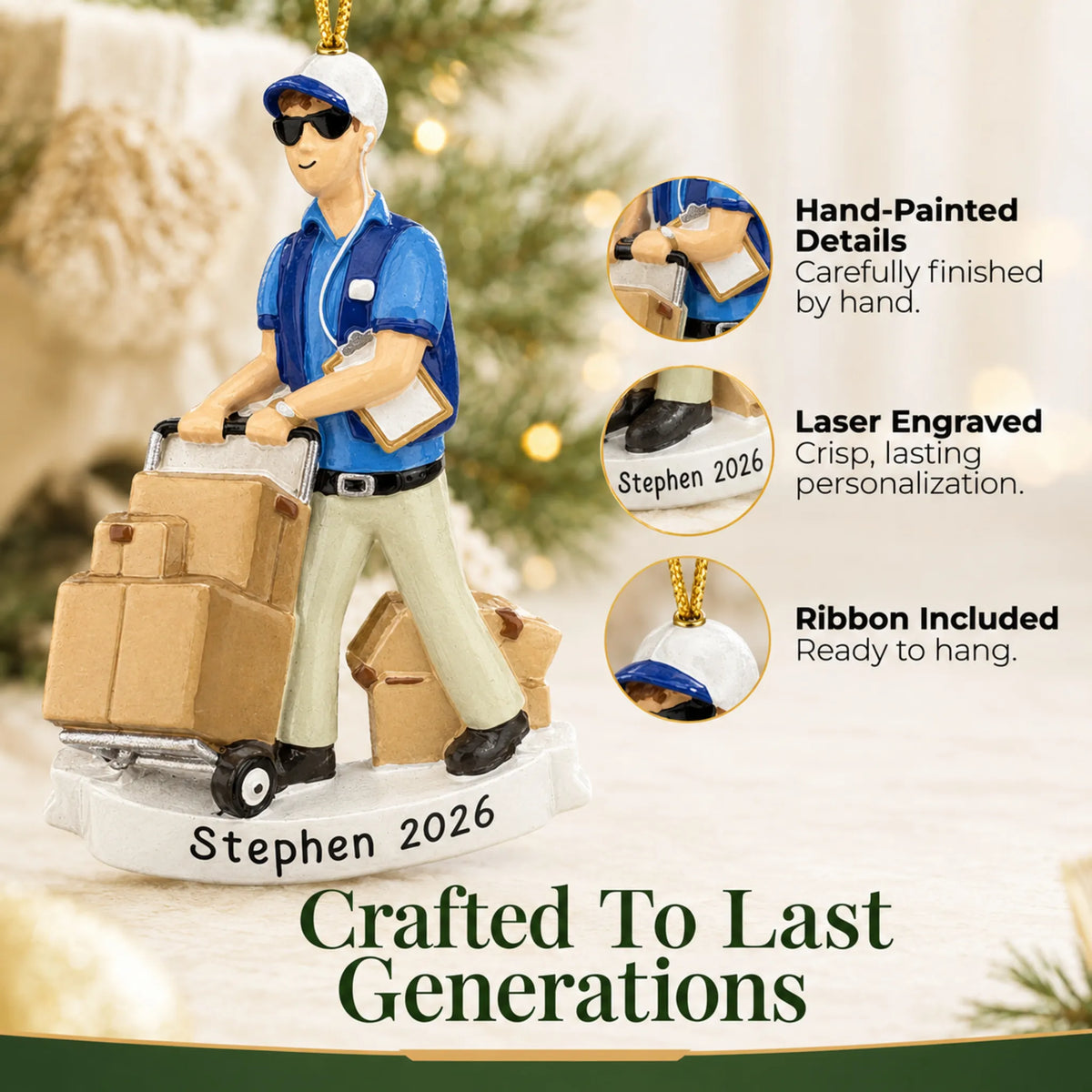 Hand-painted details and laser engraved personalization on the Amazon delivery guy christmas ornament, ribbon included