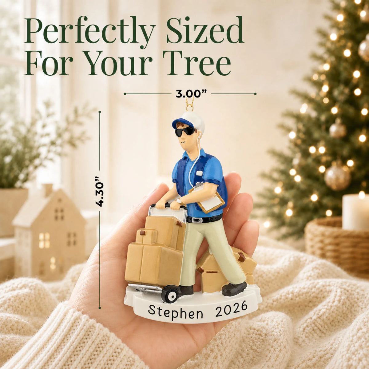 Size guide: the personalized Amazon delivery guy christmas ornament shown in hand next to a Christmas tree