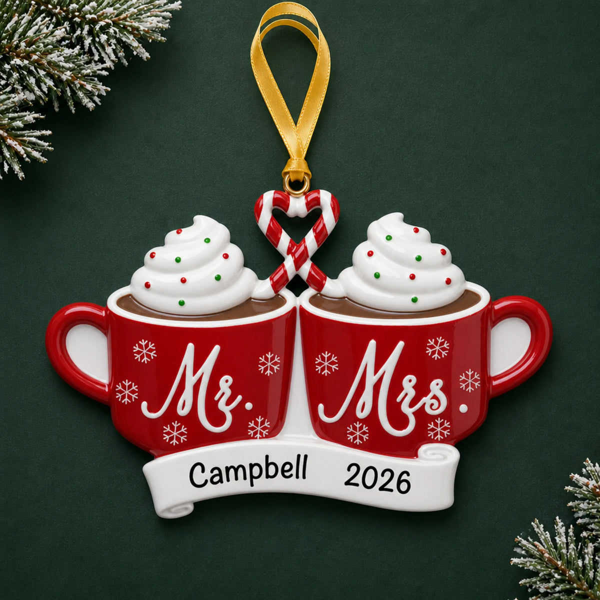 Personalized Mr & Mrs Hot Cocoa christmas ornament on a dark green pine background