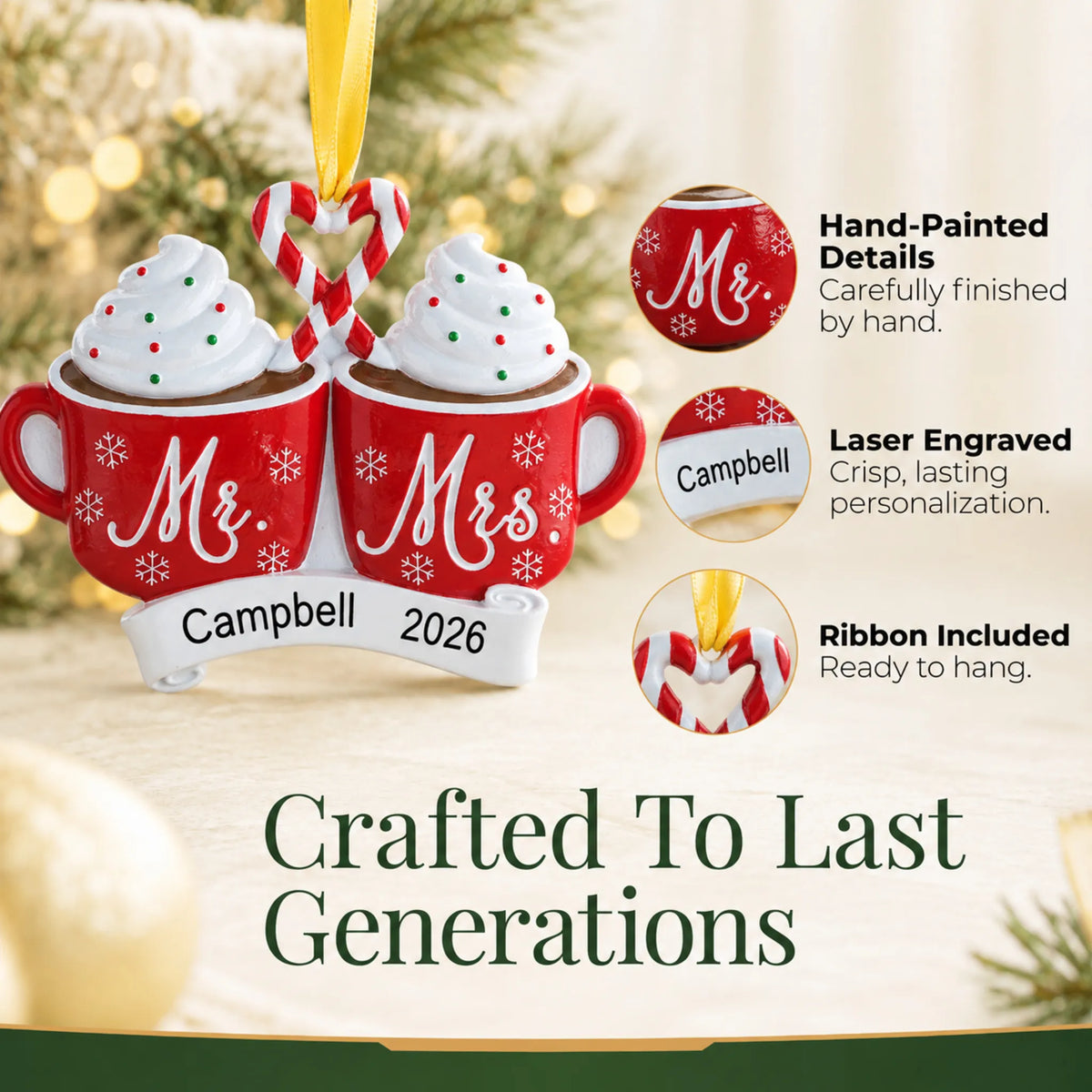 Hand-painted, laser engraved Mr & Mrs Hot Cocoa christmas ornament, ribbon included