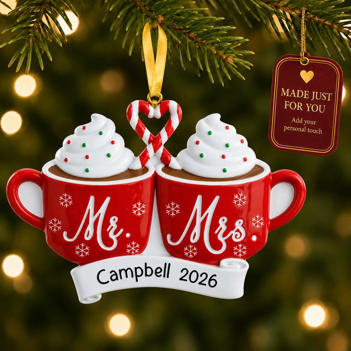 Mr & Mrs Hot Cocoa christmas ornament hanging on a lit Christmas tree with a Made Just For You gift tag