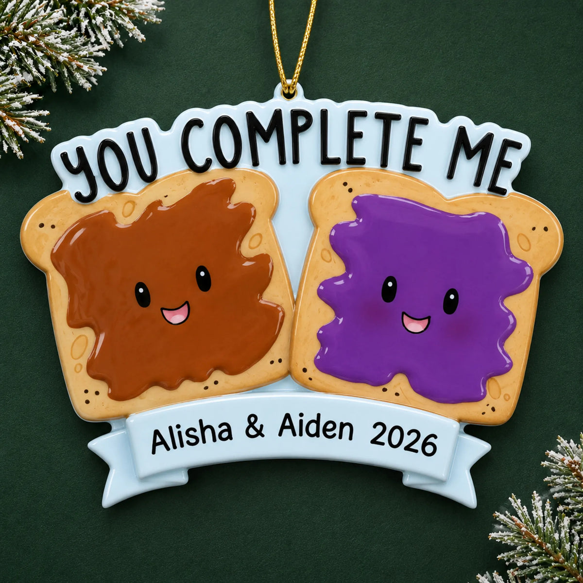 Personalized Peanut Butter & Jelly Couple christmas ornament on a dark green pine background