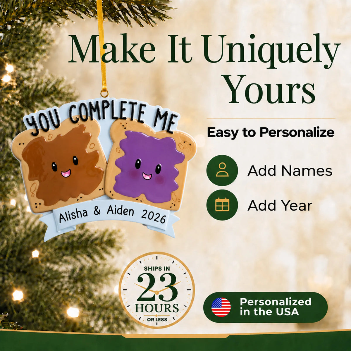 Make it yours: personalize the Peanut Butter & Jelly Couple christmas ornament