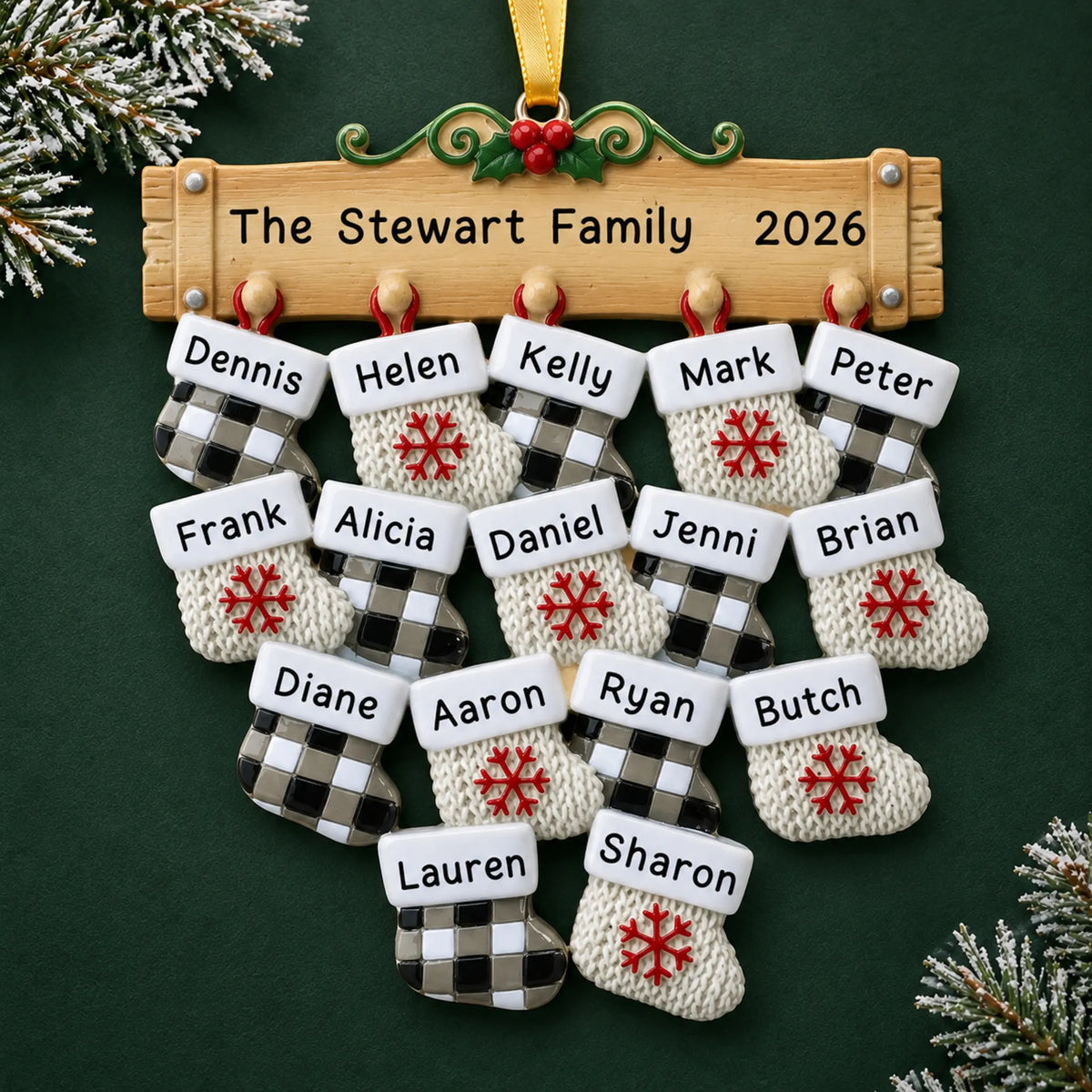 Personalized large family of 16 christmas ornament on a dark green pine background