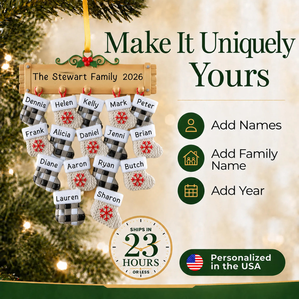 Make it yours: add names and year to the personalized large family of 16 christmas ornament