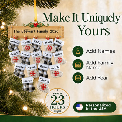 Make it yours: add names and year to the personalized large family of 16 christmas ornament