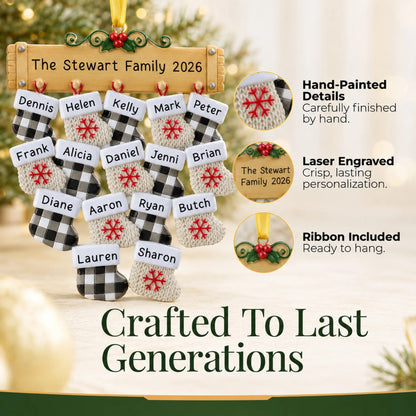Hand-painted details and laser engraved personalization on the large family of 16 christmas ornament, ribbon included