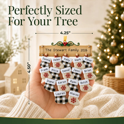 Size guide: the personalized large family of 16 christmas ornament is 4.25 in wide by 4.50 in tall, shown in hand
