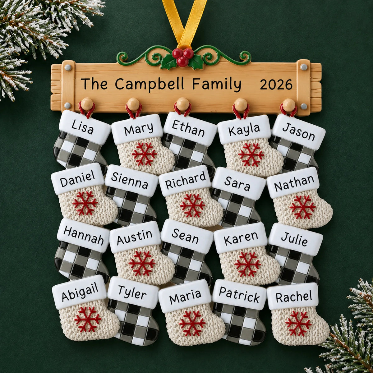Personalized large family of 20 christmas ornament on a dark green pine background