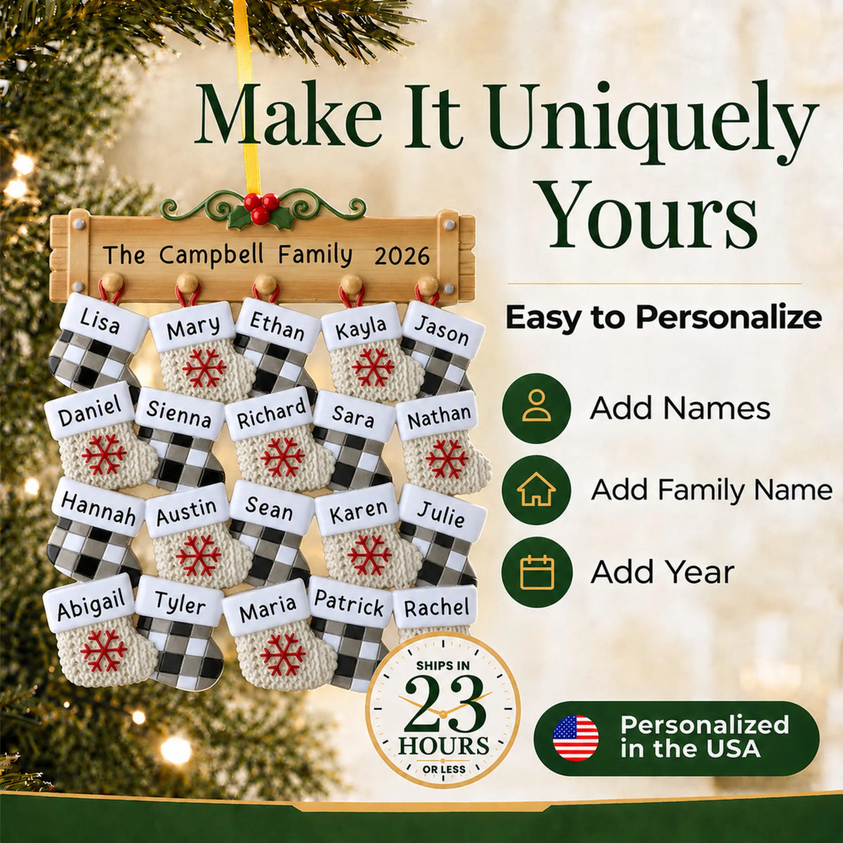 Make it yours: add names and year to the personalized large family of 20 christmas ornament