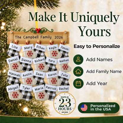 Make it yours: add names and year to the personalized large family of 20 christmas ornament