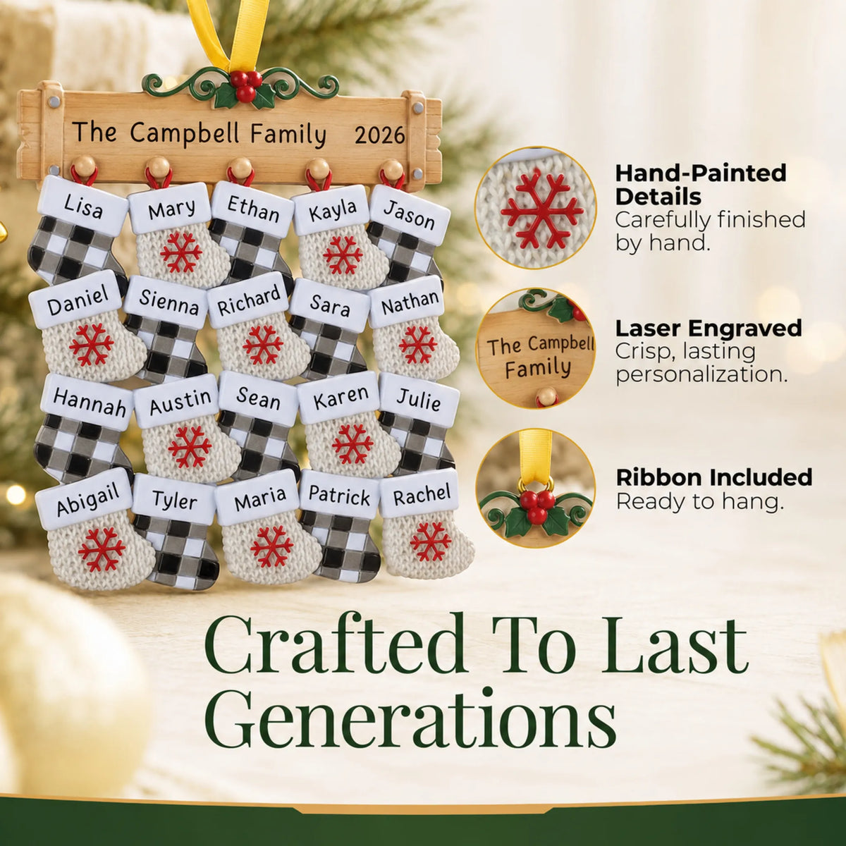 Hand-painted details and laser engraved personalization on the large family of 20 christmas ornament, ribbon included