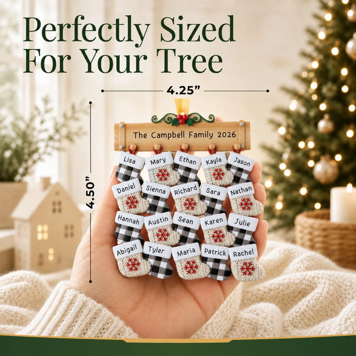 Size guide: the personalized large family of 20 christmas ornament is 4.25 in wide by 4.50 in tall, shown in hand