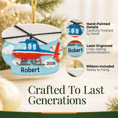 Hand-painted details and laser engraved personalization on the helicopter christmas ornament, ribbon included