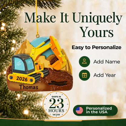 Make it yours: add name and year to the personalized digger christmas ornament