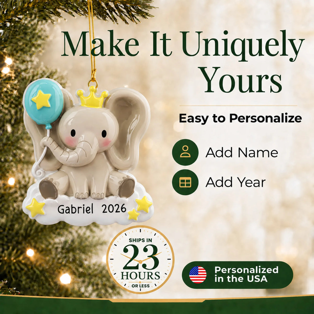 Make it yours: add name and year to the personalized baby boy elephant christmas ornament