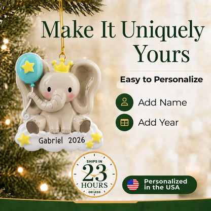 Make it yours: add name and year to the personalized baby boy elephant christmas ornament