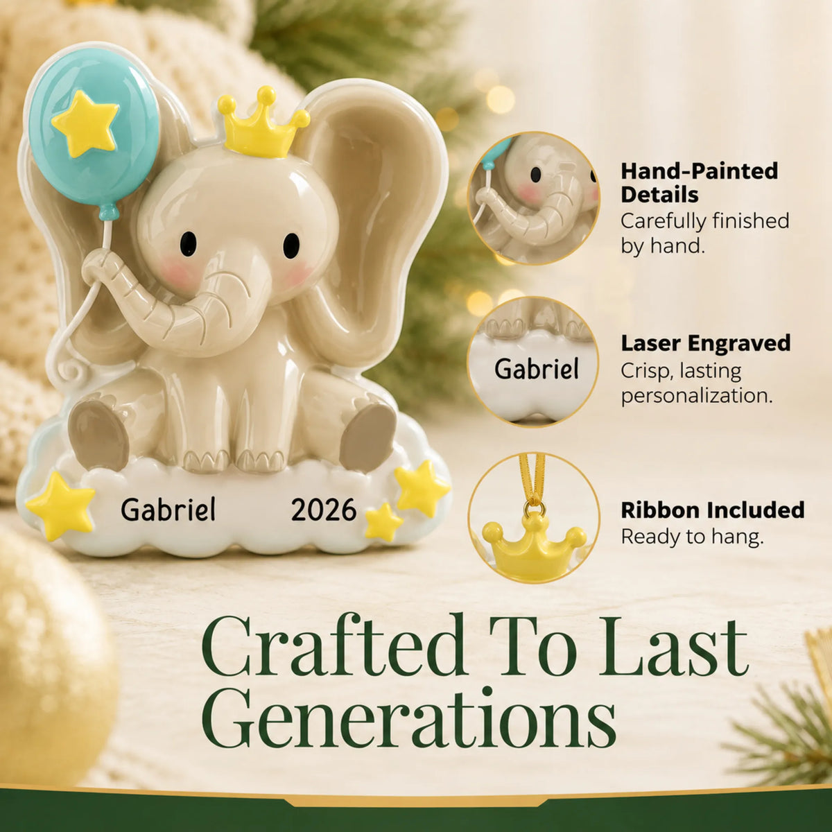 Hand-painted details and laser engraved personalization on the baby boy elephant christmas ornament, ribbon included