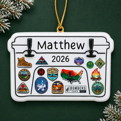 Personalized Yeti cooler christmas ornament on a dark green pine background