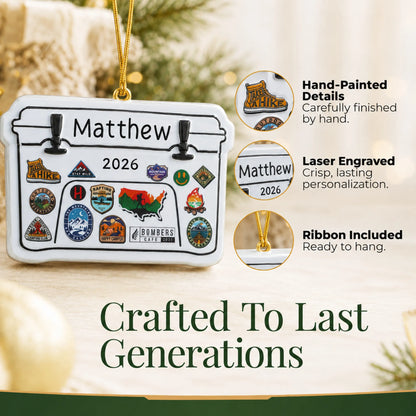 Hand-painted details and laser engraved personalization on the Yeti cooler christmas ornament, ribbon included
