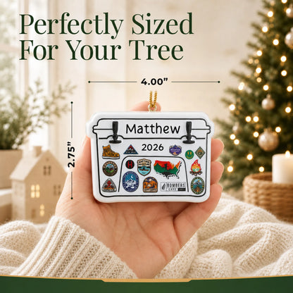 Size guide: the personalized Yeti cooler christmas ornament is 4.00 in wide by 2.75 in tall, shown in hand