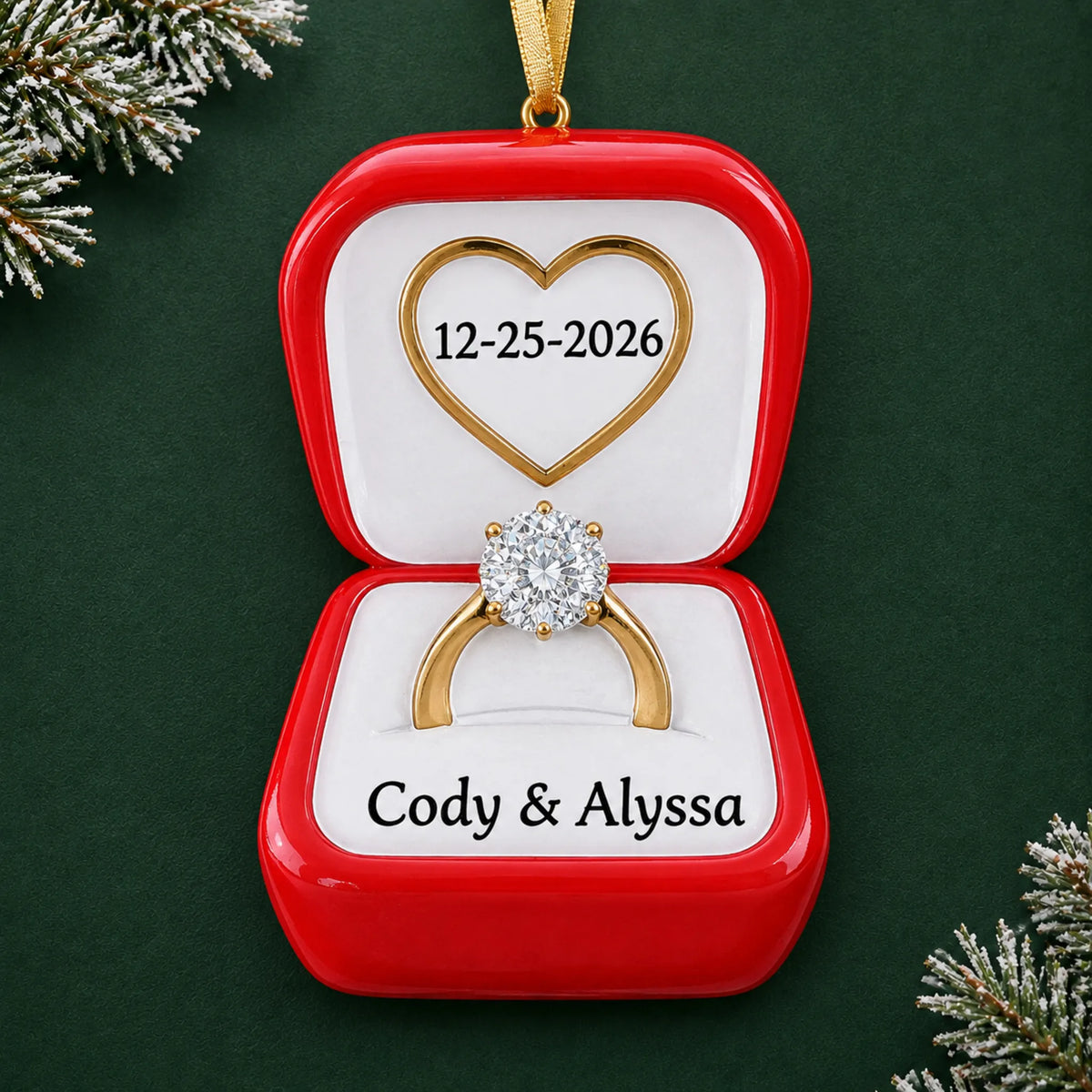 Personalized Engagement Ring christmas ornament on a dark green pine background