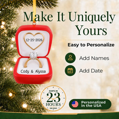 Make it yours: personalize the Engagement Ring christmas ornament with names and the date