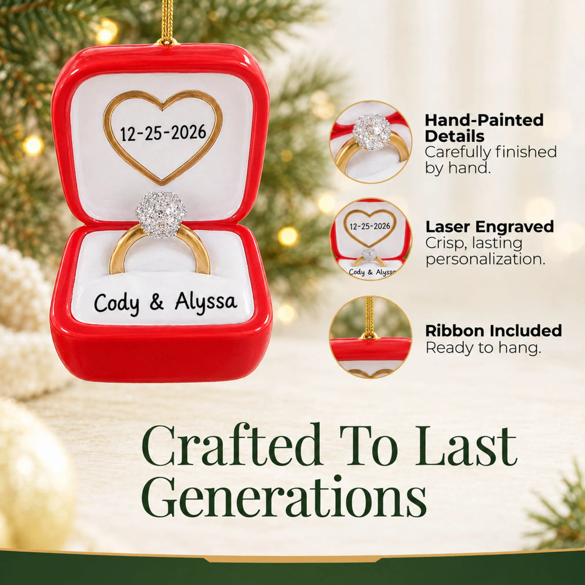Hand-painted, laser engraved Engagement Ring christmas ornament, ribbon included