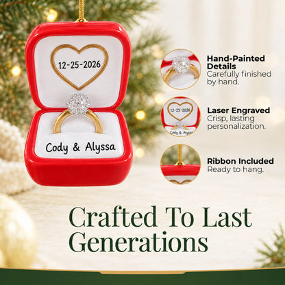 Hand-painted, laser engraved Engagement Ring christmas ornament, ribbon included
