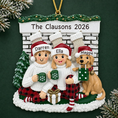 Personalized holiday couple with dog christmas ornament on a dark green pine background