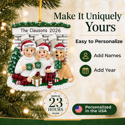 Make it yours: add names to the personalized holiday couple with dog christmas ornament
