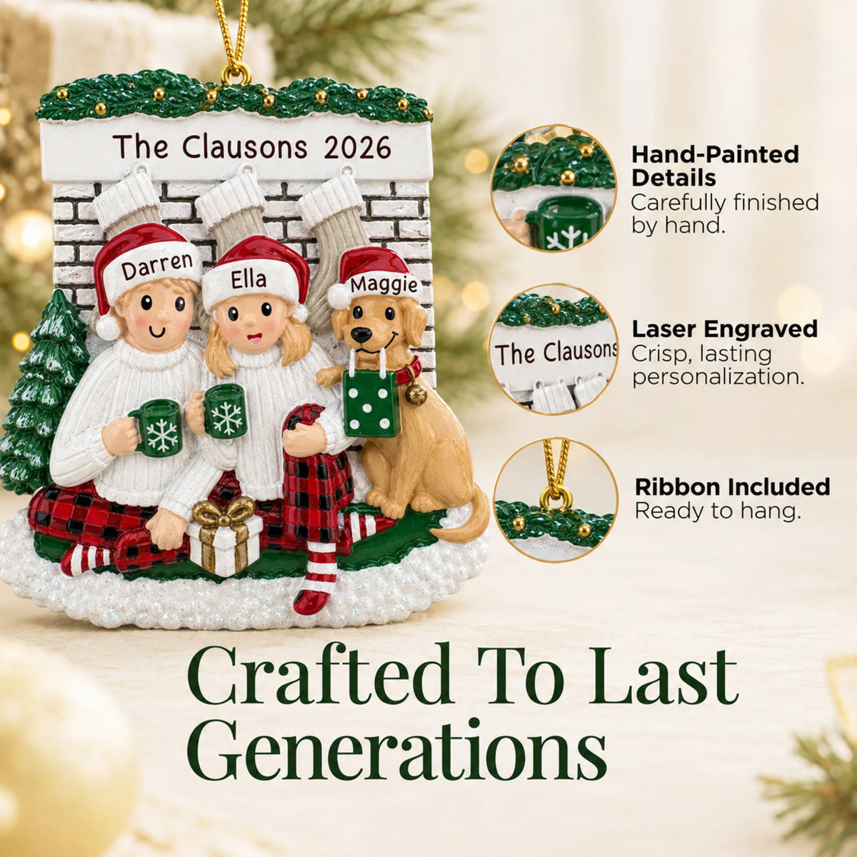Hand-painted details and laser engraved personalization on the holiday couple with dog christmas ornament, ribbon included