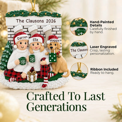 Hand-painted details and laser engraved personalization on the holiday couple with dog christmas ornament, ribbon included