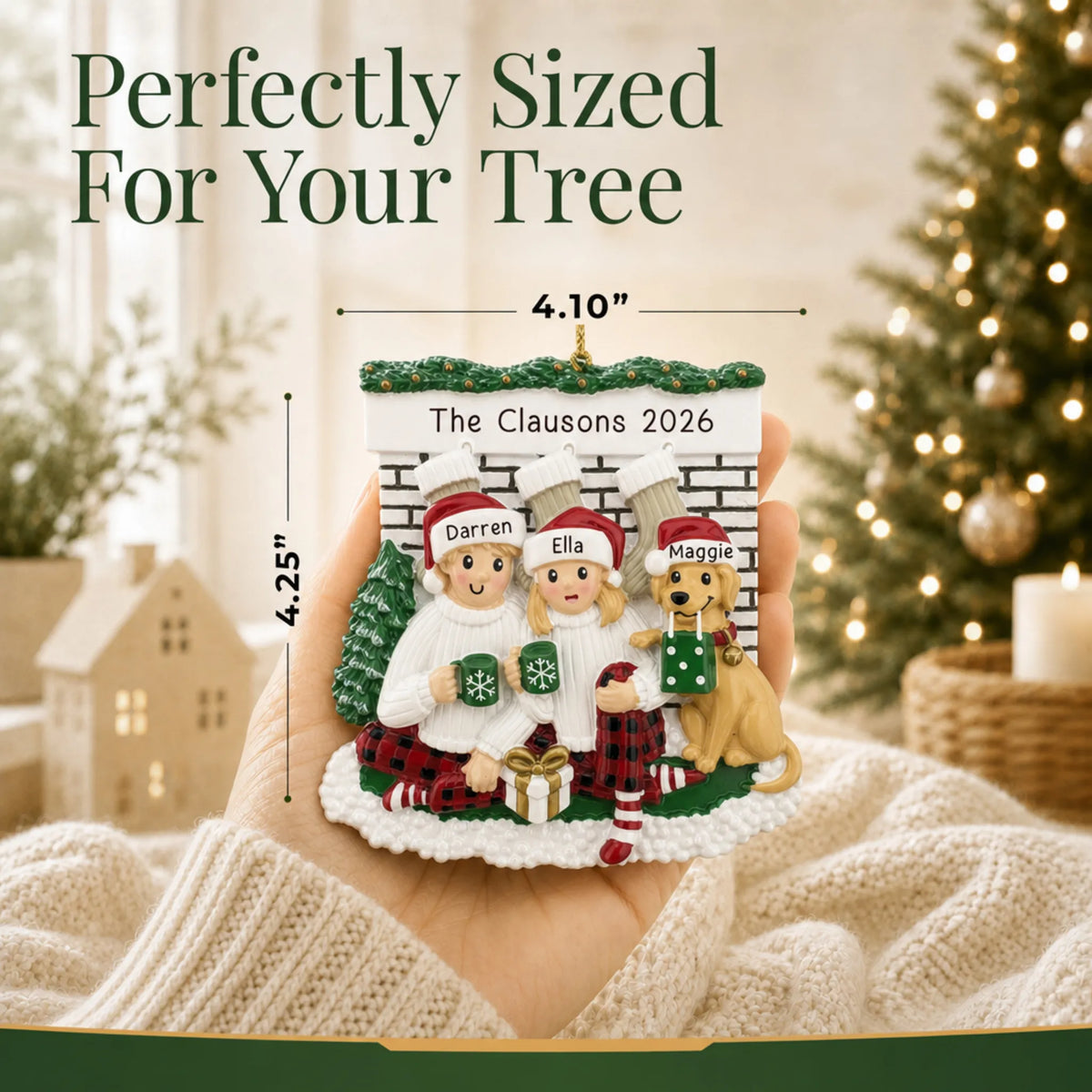 Size guide: the personalized holiday couple with dog christmas ornament shown in hand next to a Christmas tree